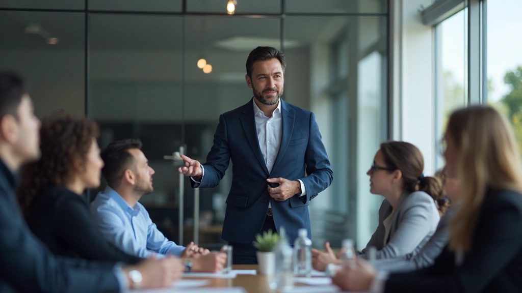 Лидер проводит встречу с командой в современном офисе, обсуждая стратегию развития