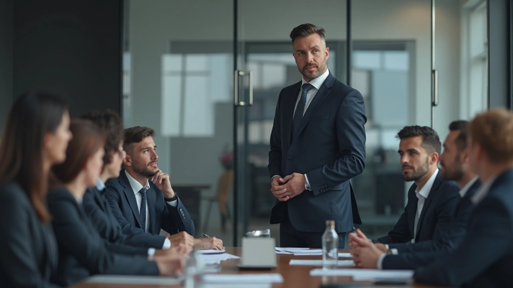 Опытный лидер проводит встречу с командой в современном офисе