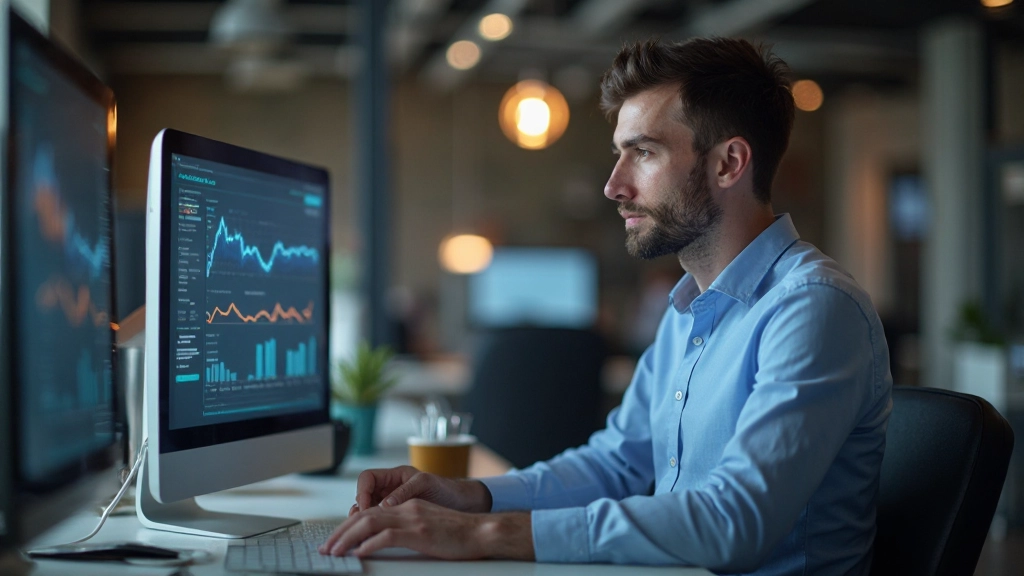 Специалист анализирует данные на компьютере в офисе