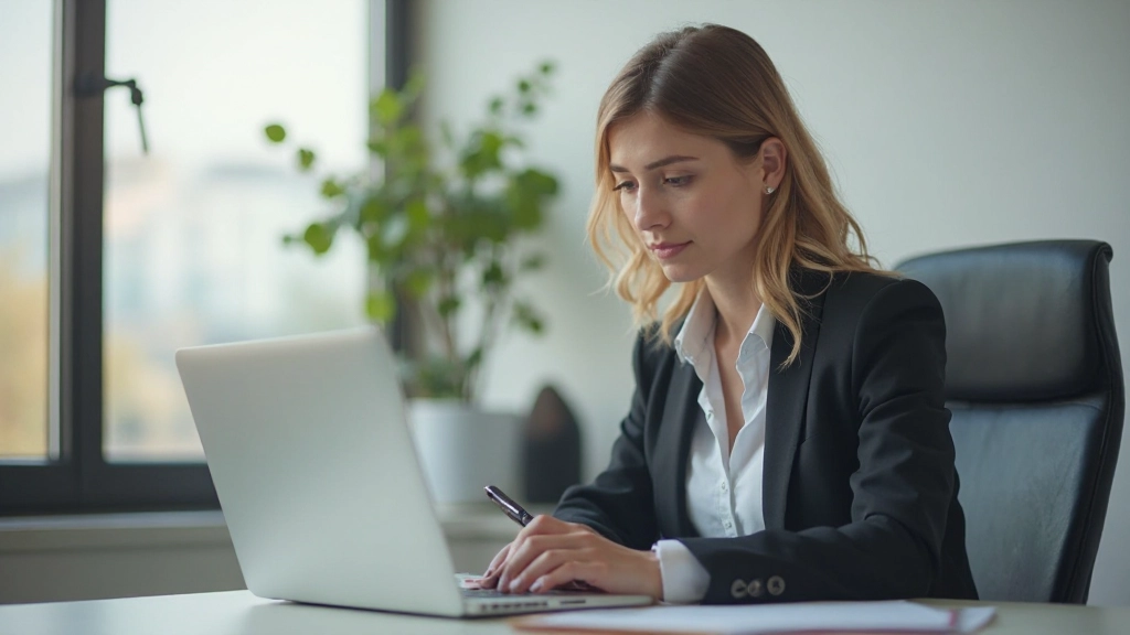 Профессионал изучает материалы на ноутбуке в современном офисе